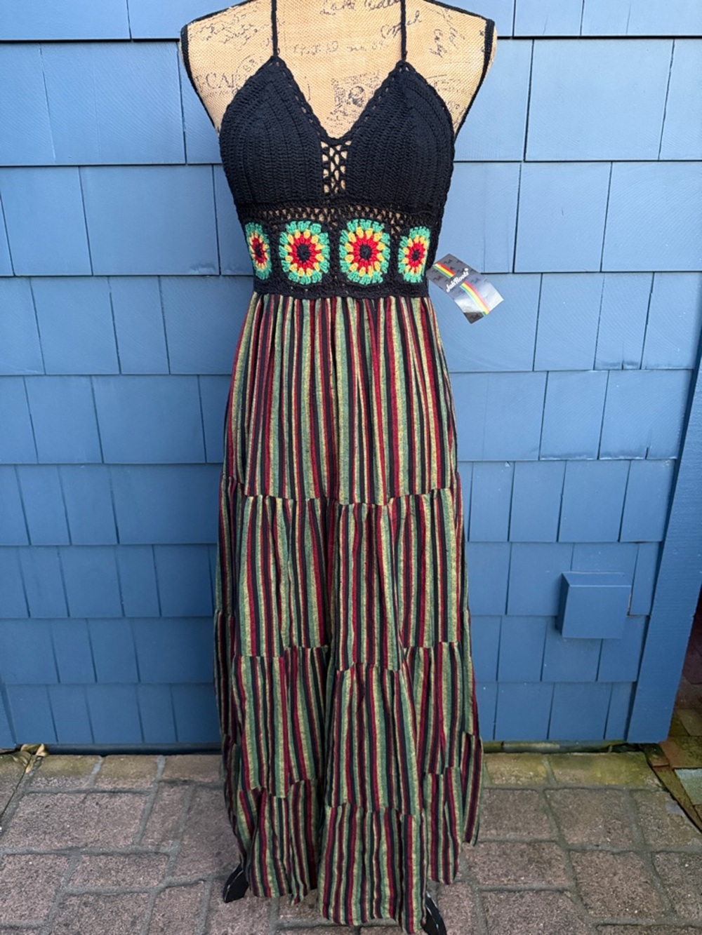 Jah Roots Black Crochet Bodice Striped Maxi Dress with Colorful Rasta skirt